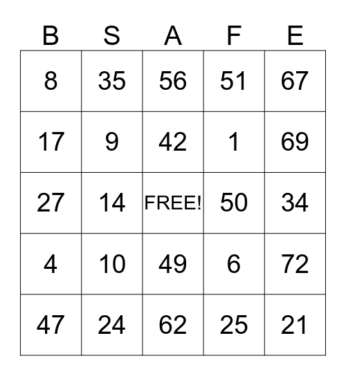 Safety Bingo Card