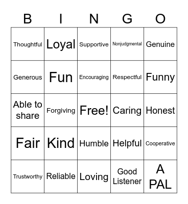 QUALITIES OF A FRIEND Bingo Card