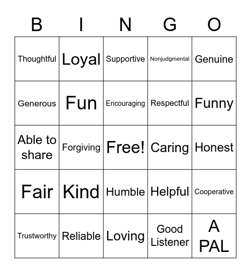 QUALITIES OF A FRIEND Bingo Card