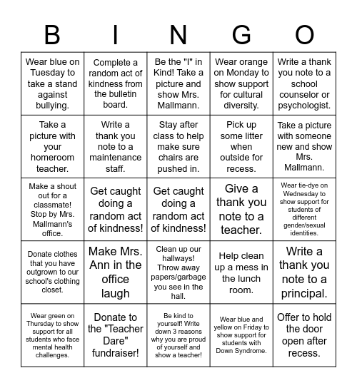 KINDNESS CHALLENGE Bingo Card