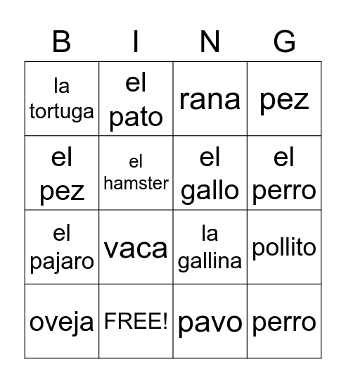 Animales: Las Mascotas Bingo Card