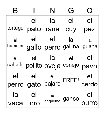 Animales: Las Mascotas Bingo Card