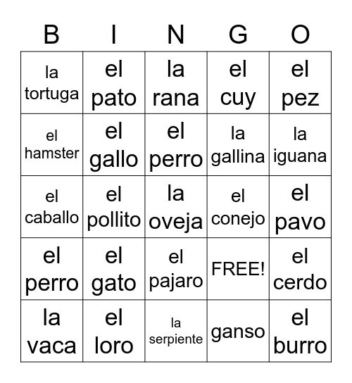 Animales: Las Mascotas Bingo Card