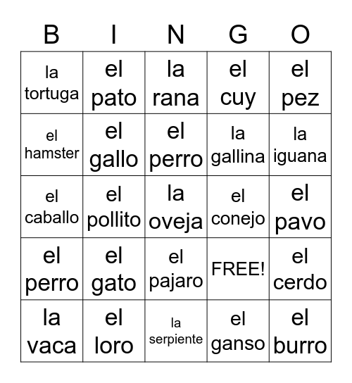 Animales: Las Mascotas Bingo Card
