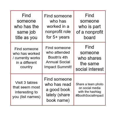 Booth Social Impact Summit Bingo Card
