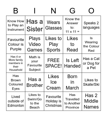 "Get to Know Me" Bingo Card