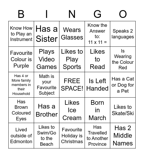 "Get to Know Me" Bingo Card