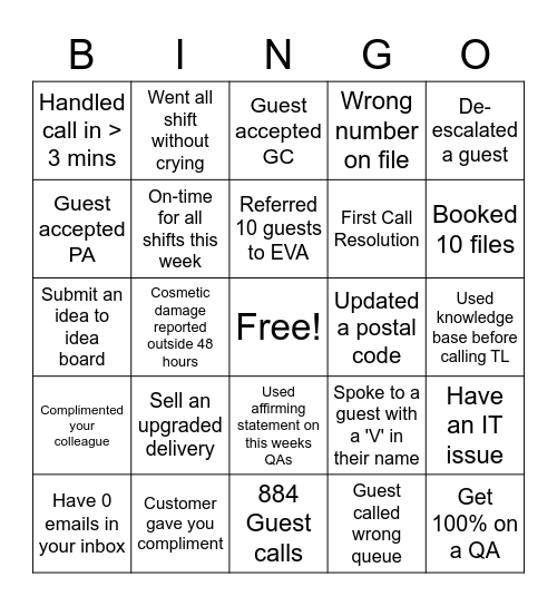 Guest Care Bingo Card