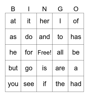 Sight Words Bingo Card