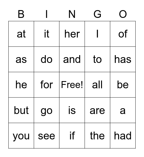 Sight Words Bingo Card