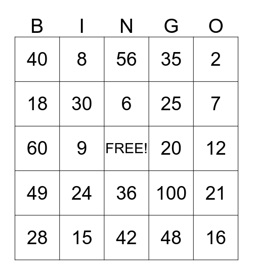 Multiplication Bingo Card