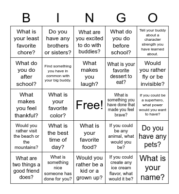 Big and Little Buddy BINGO Card