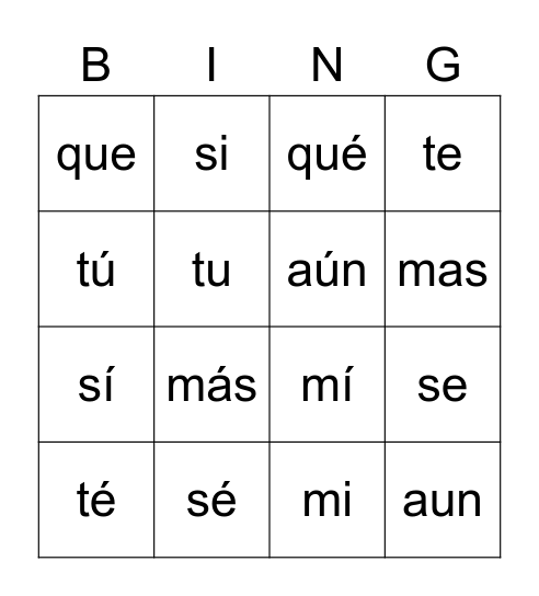 Words That Change Meaning With Accent Marks Bingo Card