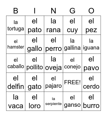 Animales: Las Mascotas Bingo Card