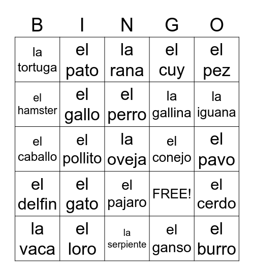 Animales: Las Mascotas Bingo Card