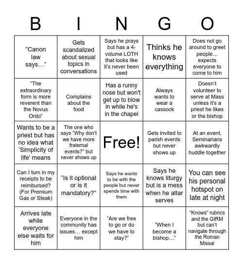 "Seminarian" Bingo Card