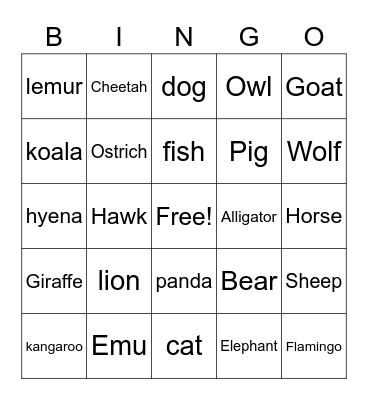 Animal Bingo Card