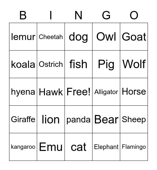Animal Bingo Card