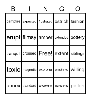 National Reading Vocabulary - Week 22 Bingo Card