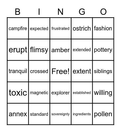 National Reading Vocabulary - Week 22 Bingo Card