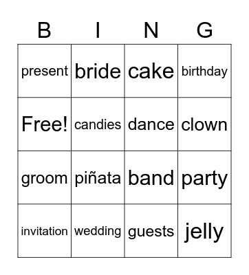 Celebration Vocabulary Bingo Card