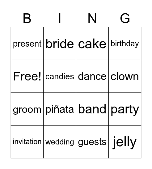 Celebration Vocabulary Bingo Card