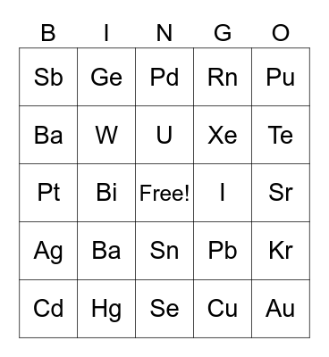 Element Symbol Bingo Card