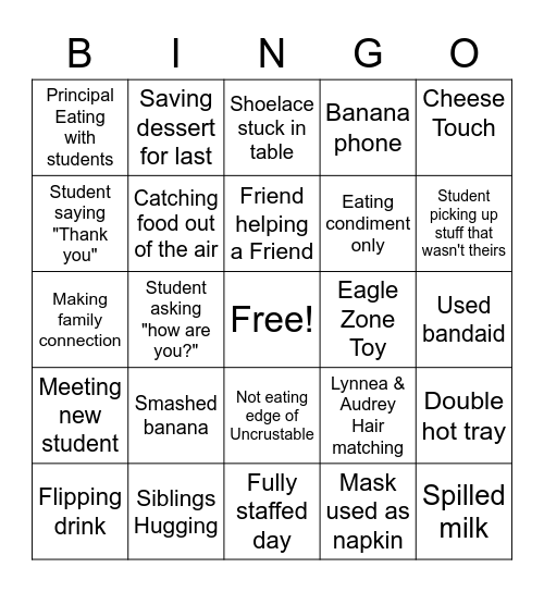 Lunchroom Bingo Card