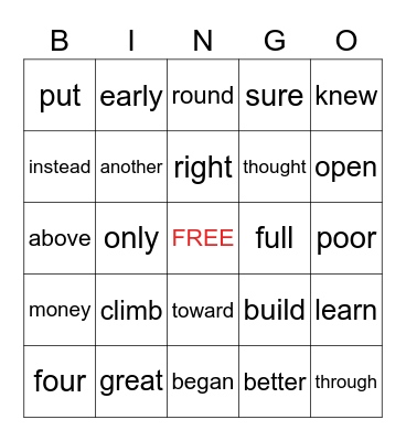 1st - Block 5 Bingo Card
