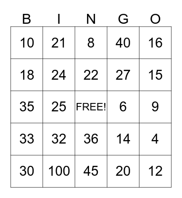 Multiplication Bingo Card
