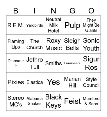 College Radio Bingo Card
