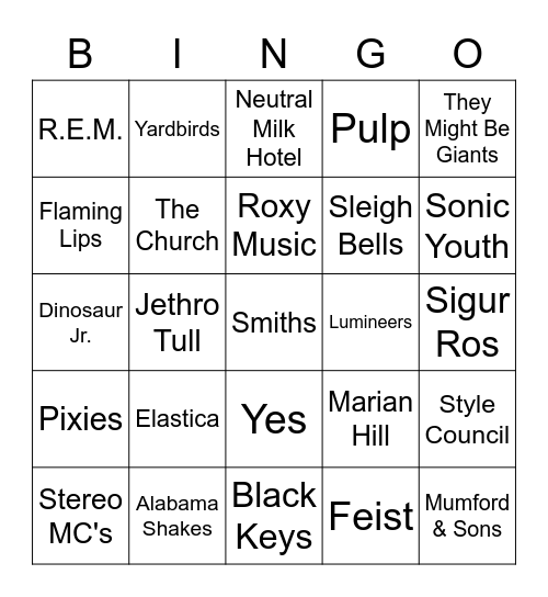 College Radio Bingo Card
