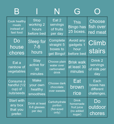 25 Days Healthy Bingo! Challenge Bingo Card