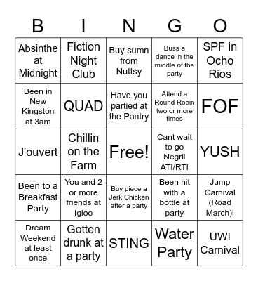 Jamaican Party Bingo Card