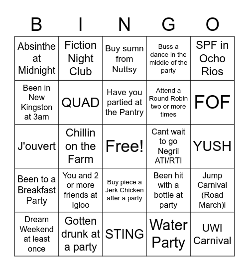 Jamaican Party Bingo Card