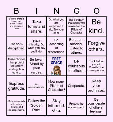 Pillars of Character B-I-N-G-O Bingo Card