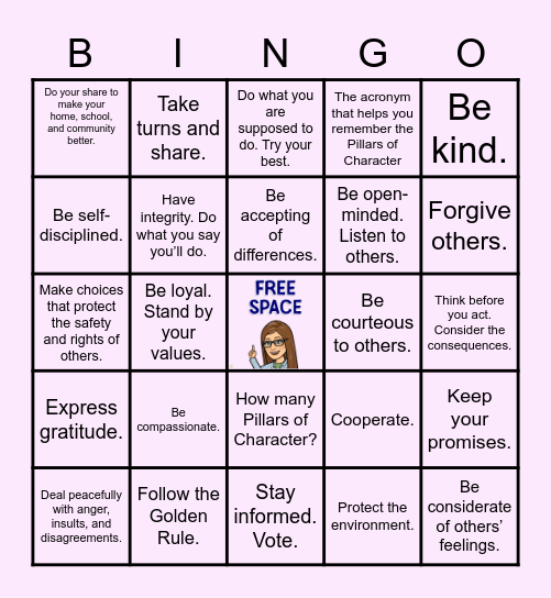 Pillars of Character B-I-N-G-O Bingo Card