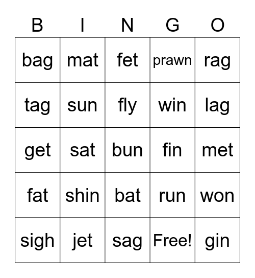 Word Family Bingo FoS Bingo Card