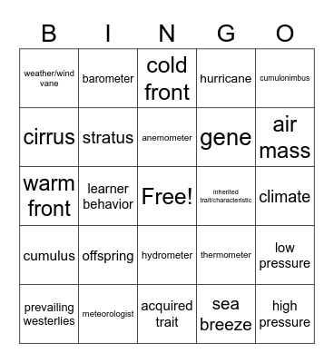 Heredity and Weather Bingo Card