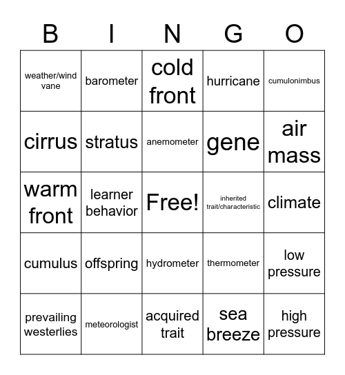 Heredity and Weather Bingo Card