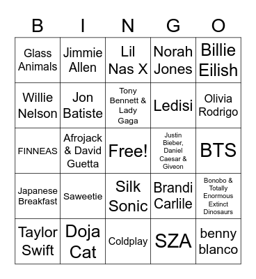 Grammys 2022 Bingo Card