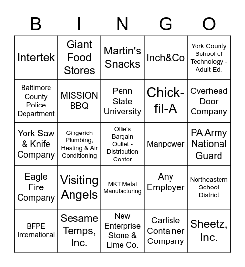 Job Fair Bingo Card