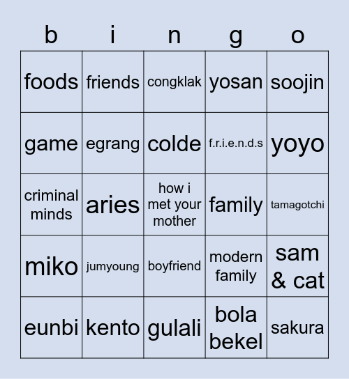 j’s Bingo Card