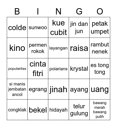 M Bingo Card