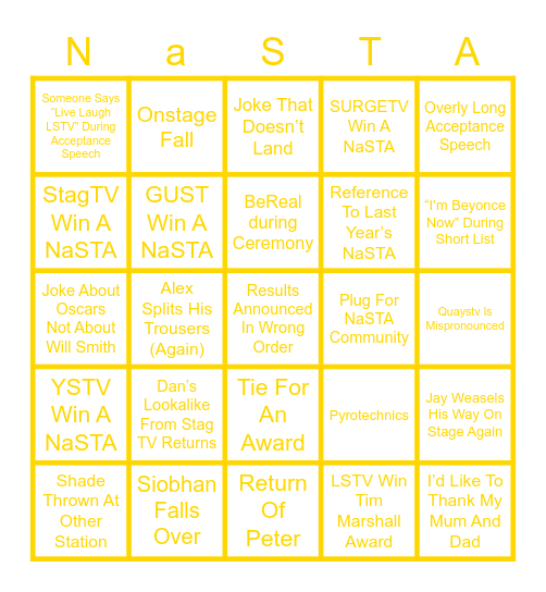 NaSTA Bingo Card