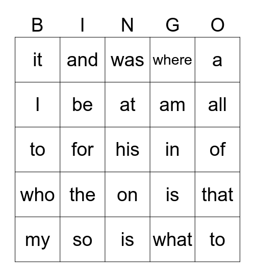 Sight Words Bingo Card