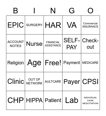 Patient Access Bingo Card