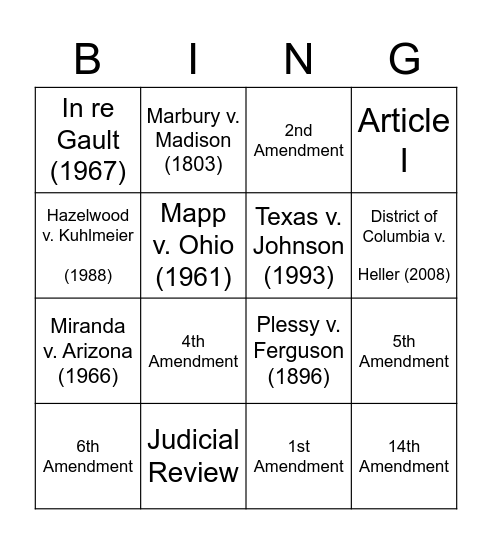 Supreme Court Case Bingo Card