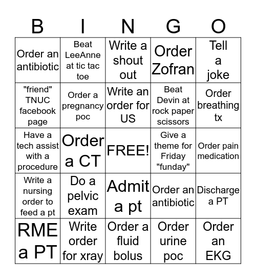 Doctor/PA/NP Bingo Card