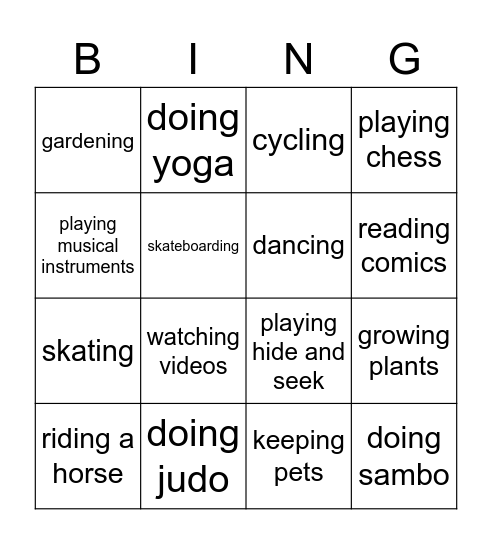 Hobby Bingo Card